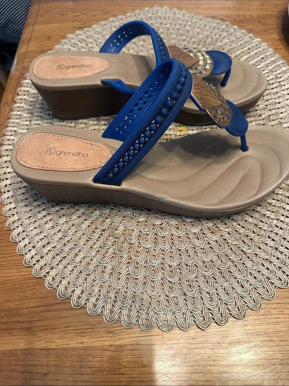 Grendha Wedge Thong Sandals in Navy and Tan with Decorative Accents